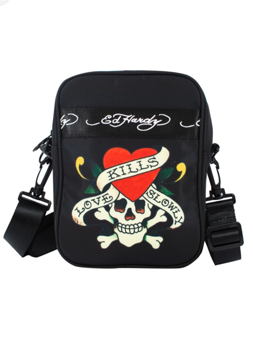 Ed Hardy Black Crossbody Messenger Bag with Red Heart Skull Graphic